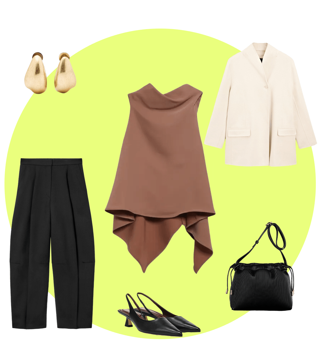 Outfit collage with jacket, bag, shoes, pants, and top